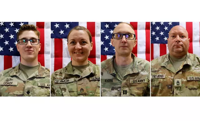 This combination of images provided by the U.S. Army taken on May 16, 2025 shows, from left, Sgt. Declan Coady, 20, of Des Moines, Iowa, Sgt. 1st Class Nicole Amor, 39, of White Bear Lake, Minn., Capt. Cody Khork, 35, of Lakeland, Fla., and Sgt. 1st Class Noah Tietjens, 42, of Bellevue, Neb. (Sgt. Brent Newton/U.S. Army via AP)