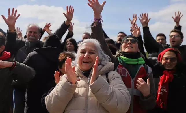 Supporters shout slogans outside Silivri prison, where Istanbul jailed Mayor Ekrem Imamoglu stands trial accused of widespread corruption, west of Istanbul, Turkey, Monday, March 9, 2026. (AP Photo/Dilara Acikgoz)