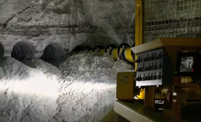 Relief holes are drilled into a face in the Cargill salt mine, 1,800 feet below the surface of Lake Erie, in Cleveland, Ohio, Thursday, March 19, 2026. (AP Photo/Sue Ogrocki)