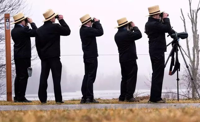 Amish birders focus their binoculars on waterfowl at Middle Creek Wildlife Management Area, Saturday, March 7, 2026, in Kleinfeltersville, Pa. (AP Photo/Robert F. Bukaty)