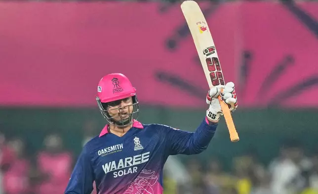 Rajasthan Royals' Vaibhav Sooryavanshi celebrates his fifty runs during the Indian Premier League cricket match between Chennai Super Kings and Rajasthan Royals in Guwahati, India, Monday, March 30, 2026. (AP Photo/Anupam Nath)