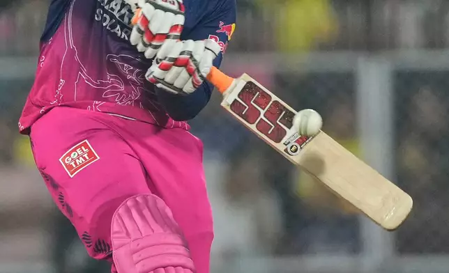 Rajasthan Royals' Vaibhav Sooryavanshi plays a shot during the Indian Premier League cricket match between Chennai Super Kings and Rajasthan Royals in Guwahati, India, Monday, March 30, 2026. (AP Photo/Anupam Nath)