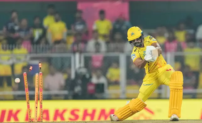Chennai Super Kings' captain Ruturaj Gaikwad is bowled out during the Indian Premier League cricket match between Chennai Super Kings and Rajasthan Royals in Guwahati, India, Monday, March 30, 2026. (AP Photo/Anupam Nath)