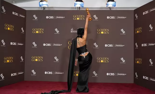 FILE - Teyana Taylor poses in the press room with the award for best performance by a female actor in a supporting role in any motion picture for "One Battle After Another" during the 83rd Golden Globes in Beverly Hills, Calif., on Jan. 11, 2026. (AP Photo/Chris Pizzello, File)