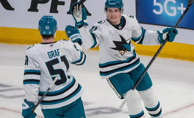 San Jose Sharks' Macklin Celebrini (71) celebrates his empty net goal with teammate Collin Graf (51) against the Montreal Canadiens during third period NHL hockey action in Montreal on Saturday, March 14, 2026. (Christinne Muschi/The Canadian Press via AP)