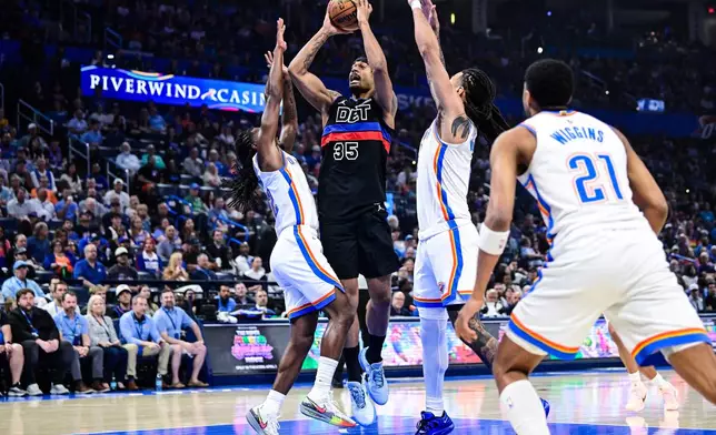 Detroit Pistons forward Tolu Smith (35) shoots the ball during the first half of an NBA basketball game against the Oklahoma City Thunder Monday, March. 30, 2026, in Oklahoma City. (AP Photo/Gerald Leong)