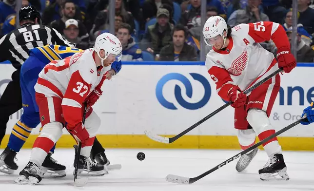 Detroit Red Wings defenseman Moritz Seider, right, clears the puck as left wing J.T. Compher looks on during the first period of an NHL hockey game against the Buffalo Sabres, Friday, March 27, 2026, in Buffalo, N.Y. (AP Photo/Adrian Kraus)