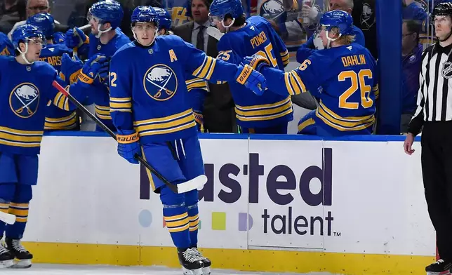 Buffalo Sabres center Tage Thompson (72) celebrates with defenseman Rasmus Dahlin (26) after scoring during the second period of an NHL hockey game against the Detroit Red Wings, Friday, March 27, 2026, in Buffalo, N.Y. (AP Photo/Adrian Kraus)