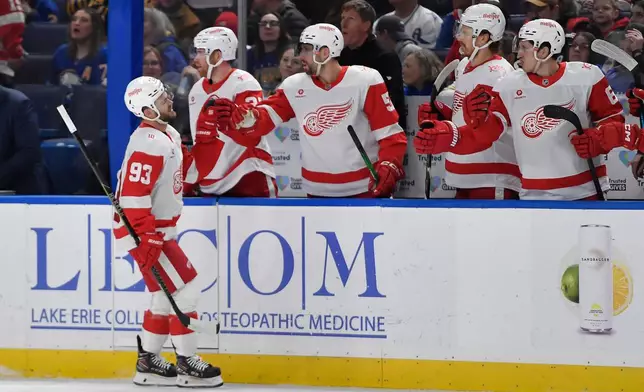 Detroit Red Wings right wing Alex DeBrincat (93) celebrates with teammates after scoring during the first period of an NHL hockey game against the Buffalo Sabres, Friday, March 27, 2026, in Buffalo, N.Y. (AP Photo/Adrian Kraus)