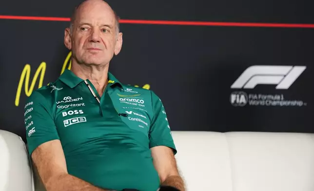 Aston Martin team principal Adrian Newey reacts during the Team Principal's press conference at the Australian Formula One Grand Prix at Albert Park, in Melbourne, Australia, Friday, March 6, 2026. (AP Photo/Scott Barbour)