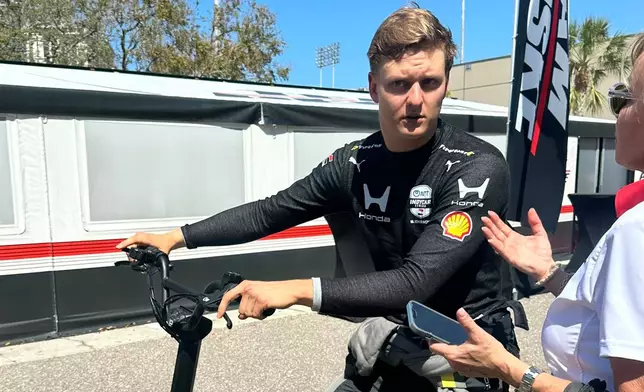 Mick Schumacher is pictured at the IndyCar race Sunday, March 1, 2026, in St. Petersburg, Fla., after he was involved in a crash on the first lap of the season-opening race. (AP Photo/Jenna Fryer)