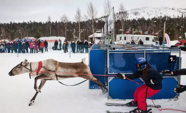 A junior competitor bursts out of the starting gate during the Salla Porocup sprint racing event in Salla, Finland, March 8, 2026. (AP Photo/Aino Vaananen)