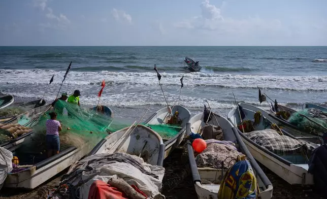 Fishermen untangle a net after suspending fishing trips because of an oil spill in the Gulf of Mexico that authorities said originated from an unidentified vessel and two natural oil seeps in Salinas, Mexico, Thursday, March 26, 2026. (AP Photo/Felix Marquez)