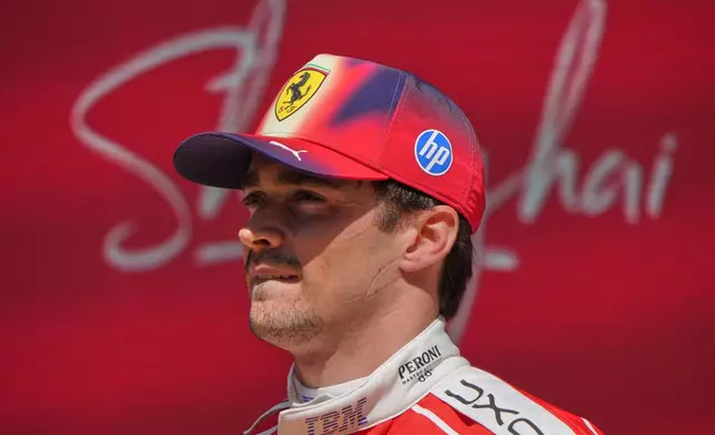 Second place Ferrari driver Charles Leclerc of Monaco after the Sprint Race of the Chinese Formula One Grand Prix at the Shanghai International Circuit, in Shanghai, China, Saturday, March 14, 2026. (AP Photo/Andy Wong)