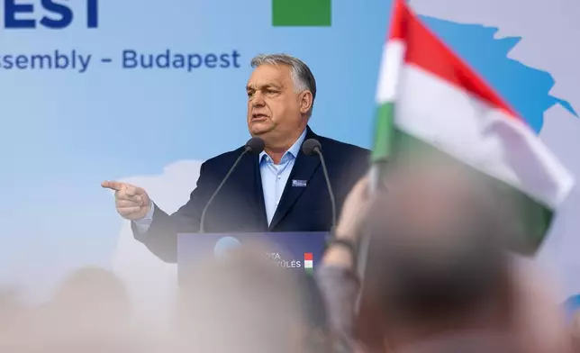 Hungarian Prime Minister Viktor Orbán speaks during an assembly of European far-right parties with Orbán’s Patriots for Europe group, in Budapest, Hungary, Monday, March 23, 2026. (AP Photo/Denes Erdos)
