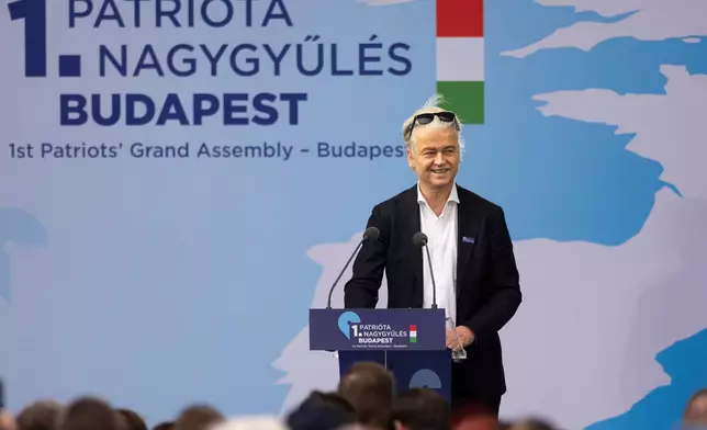 Geert Wilders of the Netherlands speaks during an assembly of European far-right parties with Orbán’s Patriots for Europe group, in Budapest, Hungary, Monday, March 23, 2026. (AP Photo/Denes Erdos)