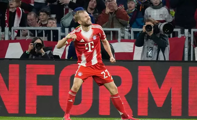 Bayern's Konrad Laimer celebrates after scoring his side's second goal during the Bundesliga soccer match between FC Bayern Munich and Borussia Moenchengladbach in Munich, Germany, March 6, 2026. (AP Photo/Matthias Schrader)