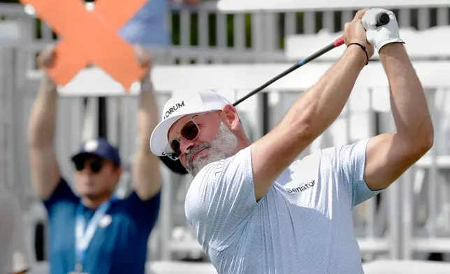 Paul Waring tees off on the 18th hole during the first round of the Texas Children's Houston Open golf tournament Thursday, March 26, 2026, in Houston. (AP Photo/Michael Wyke)
