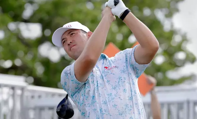 Rico Hoey tees off on the 18th hole during the first round of the Texas Children's Houston Open golf tournament Thursday, March 26, 2026, in Houston. (AP Photo/Michael Wyke)