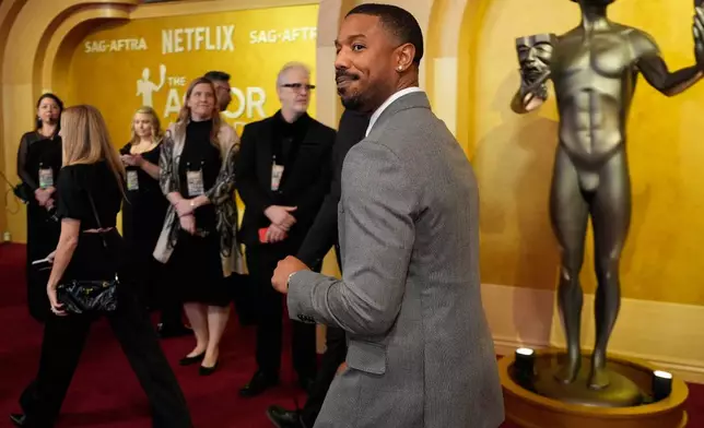 Michael B. Jordan arrives at the 32nd Annual Actor Awards on Sunday, March 1, 2026, at the Shrine Auditorium and Expo Hall in Los Angeles. (AP Photo/Chris Pizzello)