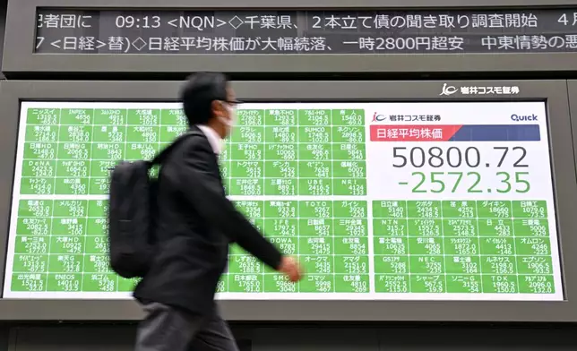 A person walks by an electronic stock board showing Japan's Nikkei index in Tokyo Monday, March 30, 2026. (Yusuke Hashizume/Kyodo News via AP)