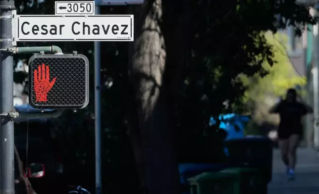 A César Chavez Street sign is shown in San Francisco, Wednesday, March 18, 2026. (AP Photo/Jeff Chiu)