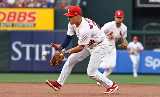 St. Louis Cardinals second baseman JJ Wetherholt fields a ground ball hit by New York Mets' Jorge Polanco in the first inning of a baseball, Monday, March 30, 2026, in St. Louis. (AP Photo/Joe Puetz)