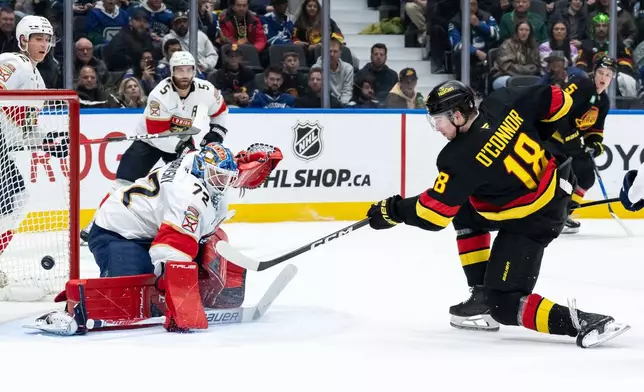Vancouver Canucks' Drew O'Connor (18) scores on Florida Panthers goaltender Sergei Bobrovsky (72) during the third period of an NHL hockey game in Vancouver, on Tuesday, March 17, 2026. (Ethan Cairns/The Canadian Press via AP)