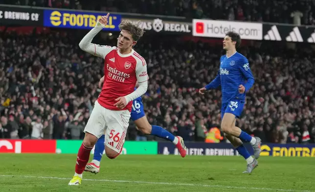 Arsenal's Max Dowman celebrates after scoring during the English Premier League soccer match between Arsenal and Everton in London, England, Saturday, March 14, 2026. (AP Photo/Kin Cheung)