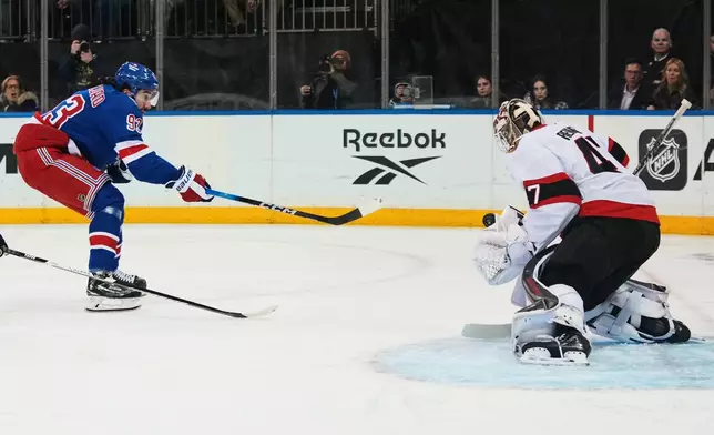Ottawa Senators goaltender James Reimer (47) stops a shot from New York Rangers' Mika Zibanejad (93) during the second period of an NHL hockey game Monday, March 23, 2026, in New York. (AP Photo/Frank Franklin II)