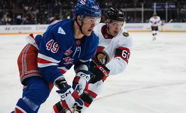 Ottawa Senators' Lassi Thomson (60) defends New York Rangers' Jaroslav Chmelar (49) during the second period of an NHL hockey game Monday, March 23, 2026, in New York. (AP Photo/Frank Franklin II)