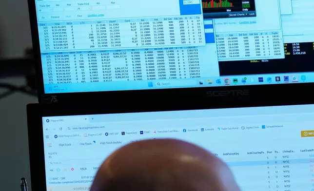 Screens display financial news on the floor at the New York Stock Exchange in New York, Thursday, March 5, 2026. (AP Photo/Seth Wenig)