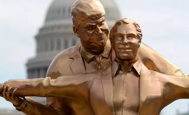 FILE - Protest art representing U.S. President Donald Trump and Jeffrey Epstein stands on the National Mall near the U.S. Capitol, March 11, 2026, in Washington. (AP Photo/Jose Luis Magana, File)