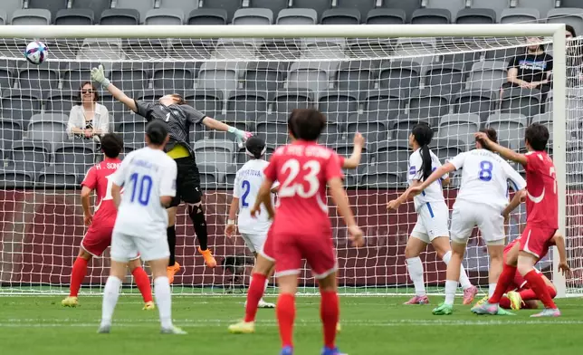 North Korea's Myong Yu Jong, right, kicks the ball past Uzbekistan's goalkeeper Maftuna Jonimqulova to score her team's first goal during the Women's Asia Cup soccer match between North Korea and Uzbekistan in Sydney, Tuesday, March 3, 2026. (AP Photo/Rick Rycroft)