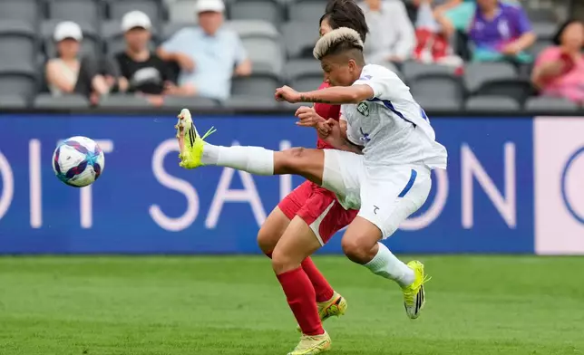 Uzbekistan's Dilrabo Asadova right, battles for the ball with North Korea's Chae Un Yong during the Women's Asia Cup soccer match between North Korea and Uzbekistan in Sydney, Tuesday, March 3, 2026. (AP Photo/Rick Rycroft)