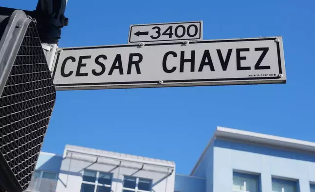 FILE - A César Chavez street sign is shown in San Francisco, March 18, 2026. (AP Photo/Jeff Chiu, File)