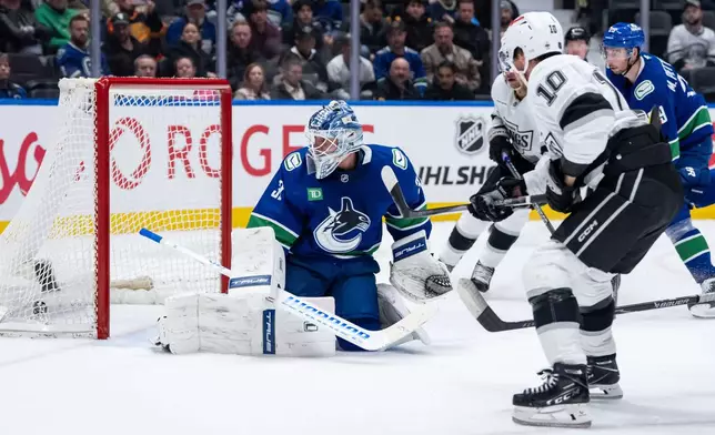 Los Angeles Kings' Artemi Panarin (10) scores on Vancouver Canucks goaltender Kevin Lankinen (32) during the second period of an NHL hockey game in Vancouver, on Thursday, March 26, 2026. (Ethan Cairns/The Canadian Press via AP)
