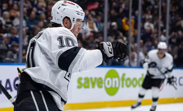 Los Angeles Kings' Artemi Panarin (10) celebrates his goal against the Vancouver Canucks during the second period of an NHL hockey game in Vancouver, on Thursday, March 26, 2026. (Ethan Cairns/The Canadian Press via AP)