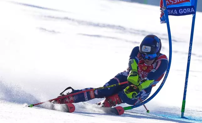 Croatia's Filip Zubcic competes during an alpine ski, men's World Cup giant slalom, in Kranjska Gora, Slovenia, Saturday, March 7, 2026. (AP Photo/Giovanni Auletta)
