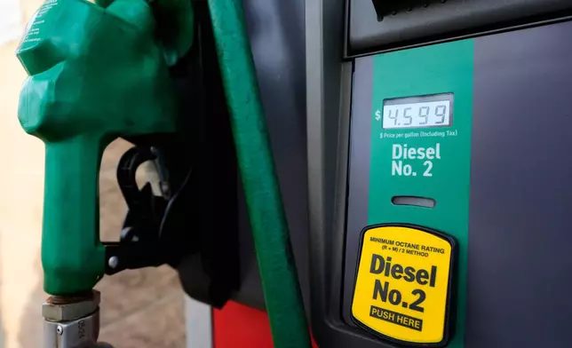 FILE - The current diesel fuel price is shown on a pump at a filling station in Richardson, Texas, March 6, 2026. (AP Photo/Tony Gutierrez, file)