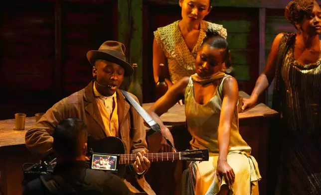 Miles Caton, far left, performs 'I Lied to You' from "Sinners" with Jayme Lawson, Li Jun Li, and Wunmi Mosaku during the Oscars on Sunday, March 15, 2026, at the Dolby Theatre in Los Angeles. (AP Photo/Chris Pizzello)