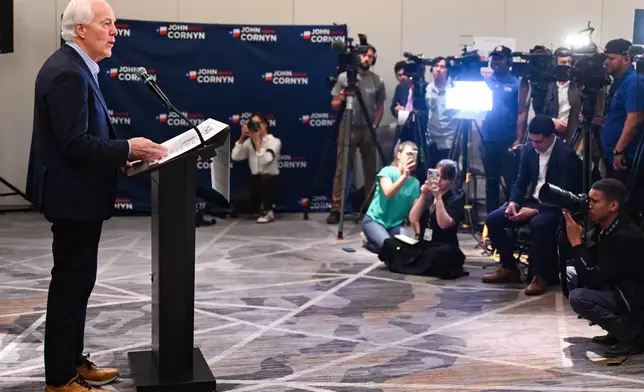 Sen. John Cornyn, R-Texas, speaks to the media Tuesday, March 3, 2026, in Austin, Texas. (AP Photo/Jack Myer)