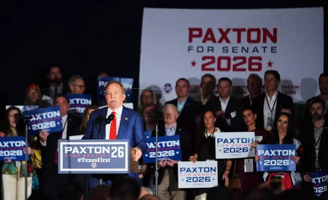 Texas Attorney General Ken Paxton, a Republican candidate for the U.S. Senate, speaks during a primary election night watch party Tuesday, March 3, 2026, in Dallas. (AP Photo/Julio Cortez)