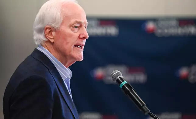 Sen. John Cornyn, R-Texas, speaks to the media Tuesday, March 3, 2026, in Austin, Texas. (AP Photo/Jack Myer)