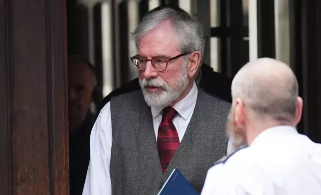 Former Sinn Fein president Gerry Adams arrives at the Royal Courts of Justice, where a civil claim is being brought against him, in London, Monday March 9, 2026. ( James Manning/PA via AP)