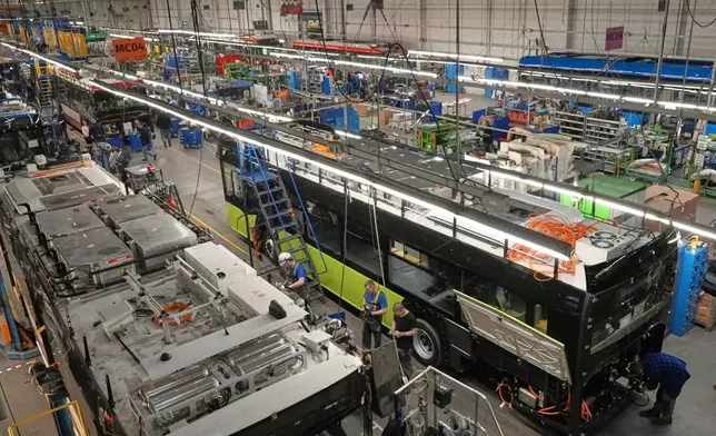 Workers build electric buses at the Solaris bus factory in Poznan, Poland, Thursday, Jan. 29, 2026. (AP Photo/Pietro De Cristofaro)