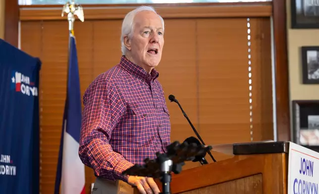 Sen. John Cornyn, R-Texas, speaks during a campaign stop in The Woodlands, Texas, Saturday, Feb. 28, 2026. (AP Photo/Annie Mulligan)