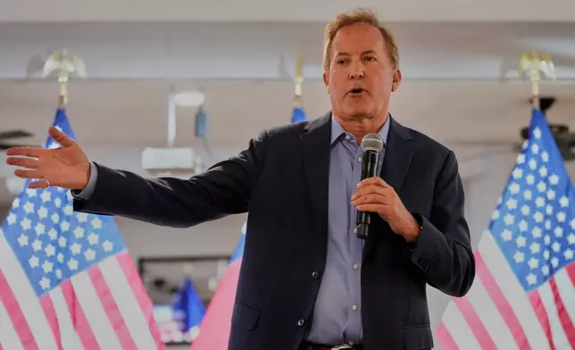Texas Attorney General Ken Paxton, a Republican candidate for the U.S. Senate, addresses supporters during a campaign stop, Monday, March 2, 2026, in Waco, Texas. (AP Photo/Tony Gutierrez)
