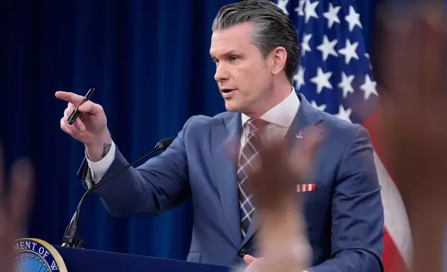 Defense Secretary Pete Hegseth speaks to members of the media during a press briefing at the Pentagon in Washington, Thursday, March 19, 2026. (AP Photo/Manuel Balce Ceneta)