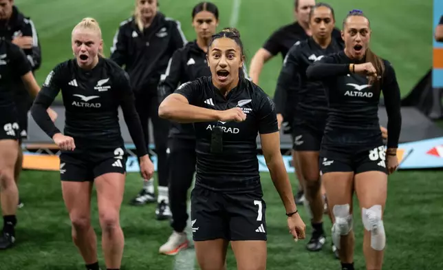 New Zealand's Risi Pouri-Lane (7) leads her teammates in a haka after defeating Australia during gold medal Vancouver Sevens women's rugby action, in Vancouver, on Sunday, March 8, 2026. (Ethan Cairns/The Canadian Press via AP)